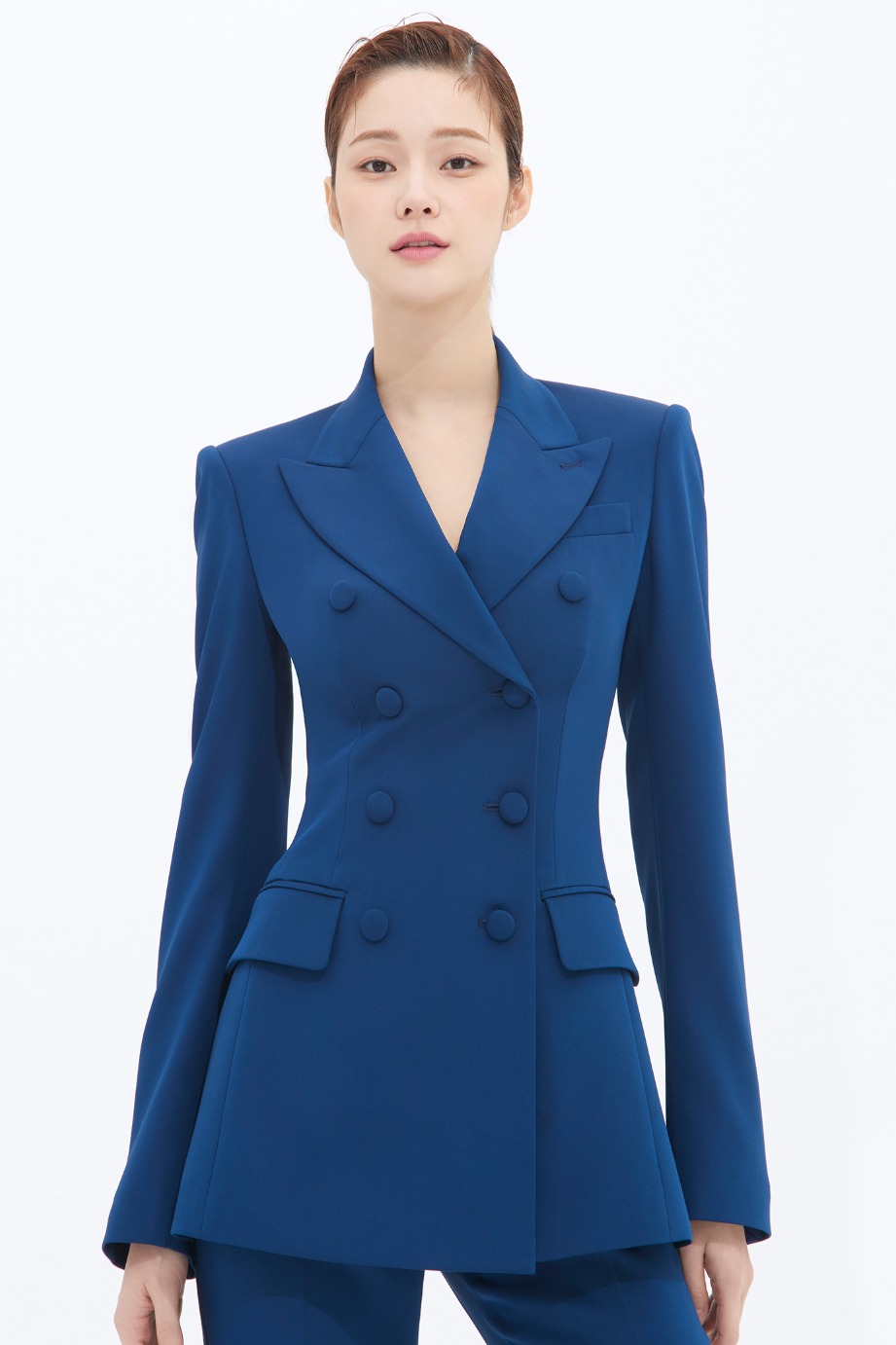 Navy Blue Men Business Suit Striped 2Pcs Double Breasted Blazer Work Wear  Jacket